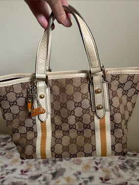 Gucci Beige & Brown GG Canvas Tote with Orange Stripe